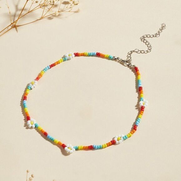 Rainbow Beaded White Daisy Choker Necklace - Picture 9 of 9